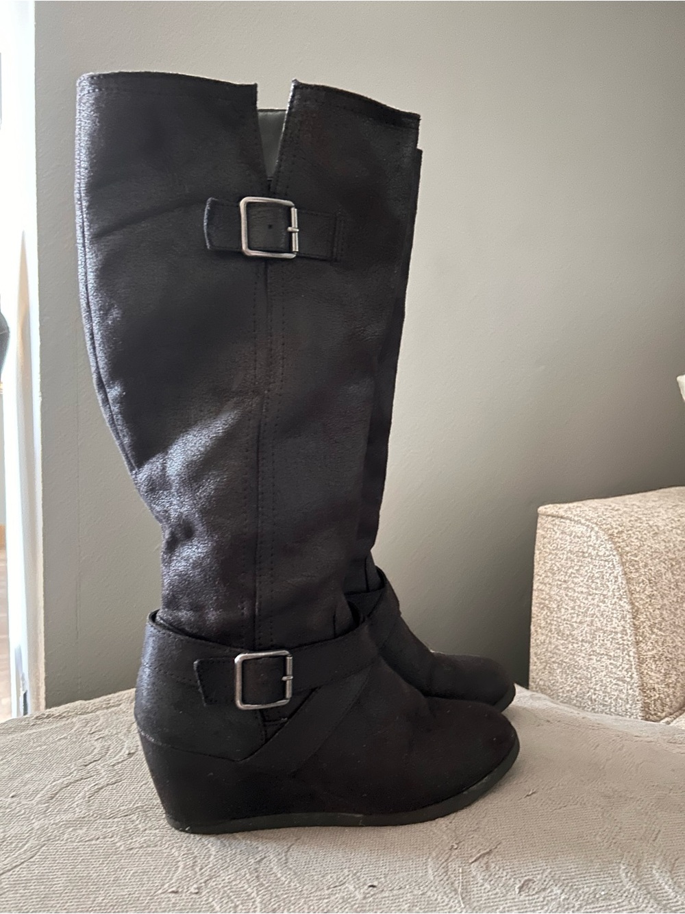 Target Black Knee-High Wedge Boots with Buckle Accents